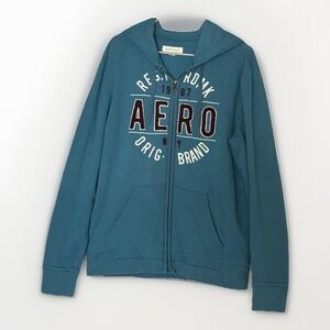 Aeropostale Vintage Spellout Teal Full Zip Hoodie Men L Skater Retro Y2K Graphic